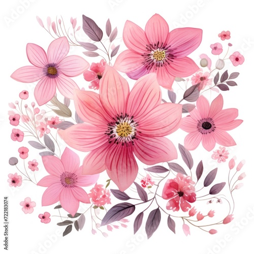 Pink several pattern flower, sketch, illust, abstract watercolor, flat design, white background © Celina
