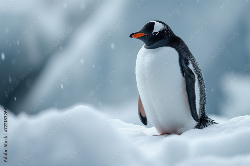 Fototapeta premium portrait of penguin on snow mountain. Generated AI