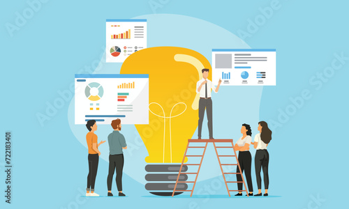 A team of business professionals is gathered around a light bulb, symbolizing innovation, while examining charts and diagrams to strategize for business success