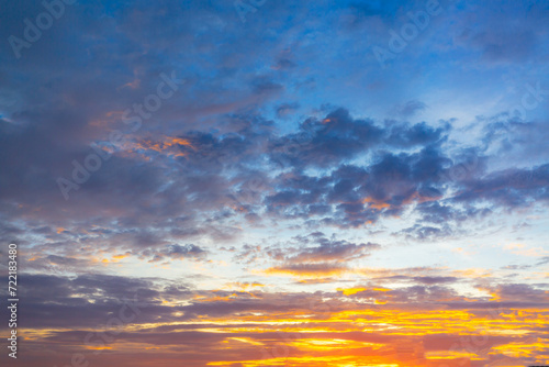 Morning clouds and sky Real majestic sunrise sundown sky background with gentle colorful clouds without birds. Panoramic  big size