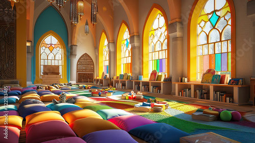 A Whimsical Mosque Classroom: Animated Kids Engage in Learning About Islamic Teachings from Colorful Books, Creating a Playful and Educational Environment Filled with Wonder and Exploration of Islamic photo