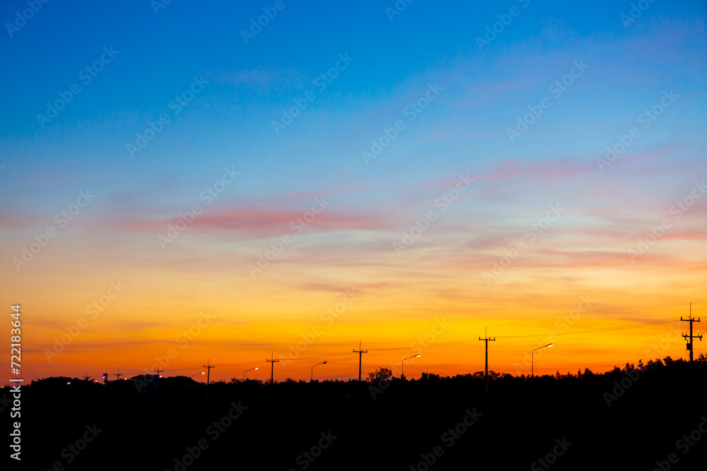 Morning clouds and sky,Real majestic sunrise sundown sky background with gentle colorful clouds without birds. Panoramic, big size