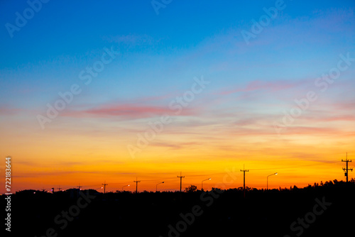 Morning clouds and sky Real majestic sunrise sundown sky background with gentle colorful clouds without birds. Panoramic  big size