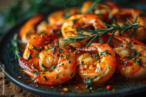 A delectable plate of seasoned scampi shrimp, boiled with fresh herbs and vegetables, captures the essence of a decadent indoor seafood feast