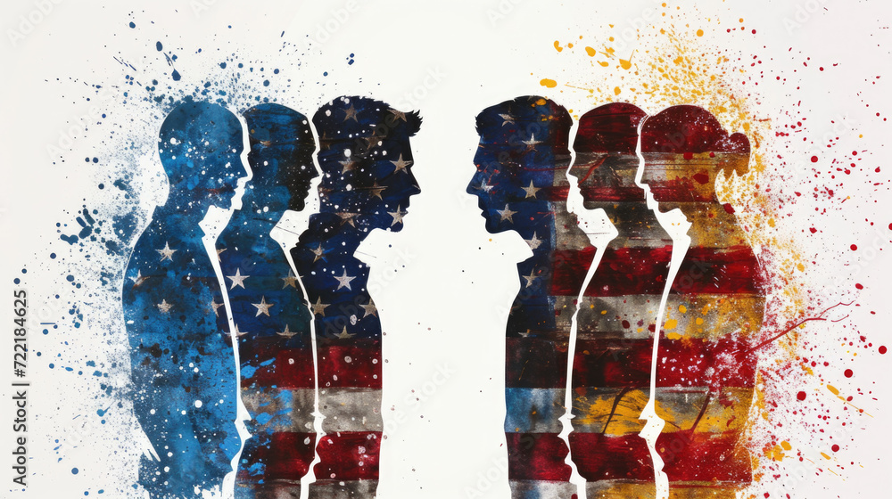 Silhouettes of Citizens with American Flag, People Political Election Division - Generative AI