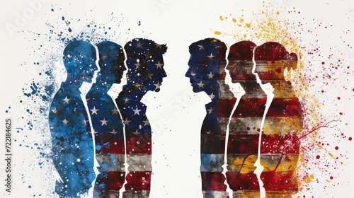 Obraz na płótnie Silhouettes of Citizens with American Flag, People Political Election Division - Generative AI w salonie