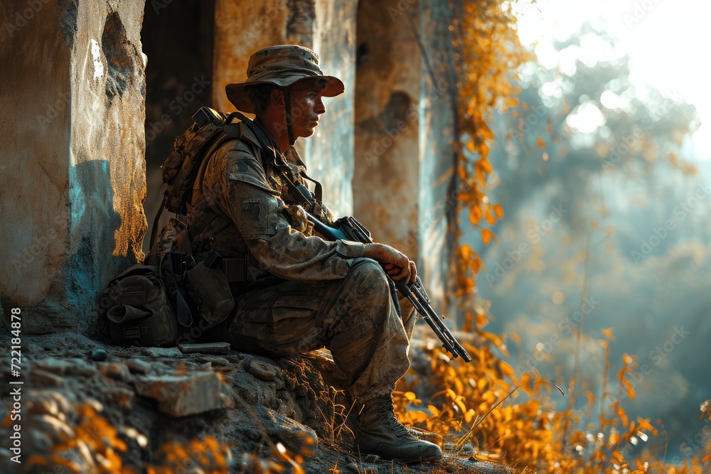 A brave soldier fiercely aims his rifle, ready to defend his country against the raging fires of war, his helmet shining under the outdoor sunlight