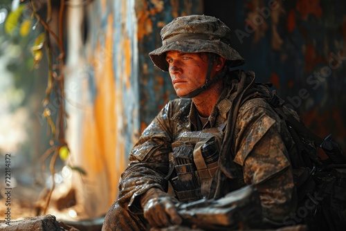 A soldier, clad in camouflage and armed with a rifle, sits stoically before a wall, embodying the bravery and sacrifice of those who serve in the military