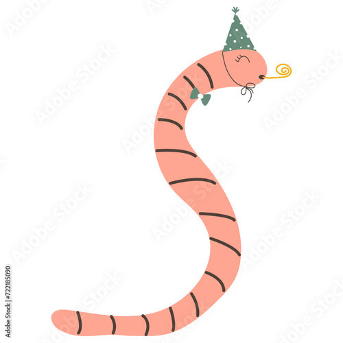A cheerful worm blows into a festive pipe. Cute holiday cartoon character in simple children's hand drawn style. Vector isolate in pastel vintage palette on white background