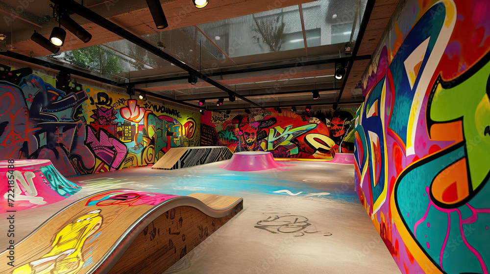 Fototapeta premium A Vibrant Urban Skate Park: The Park Features Animated Skateboards and Colorful Graffiti Art, Creating a Trendy and Energetic Atmosphere that Celebrates Skateboarding Culture with a Modern Twist.