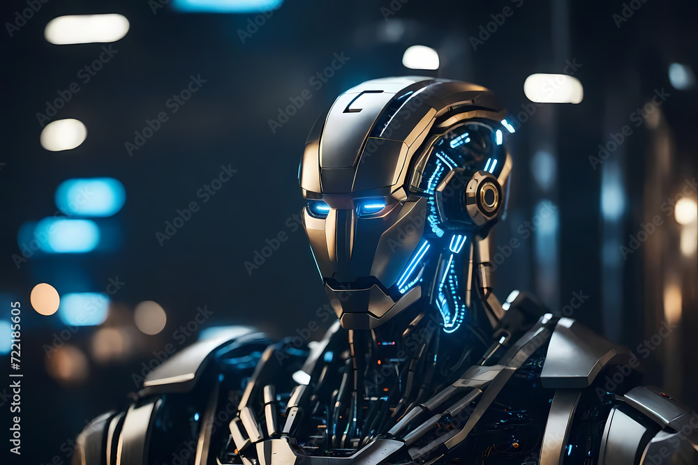 Fototapeta premium Humanoid robot, Half Human half AI Robotic futuristic