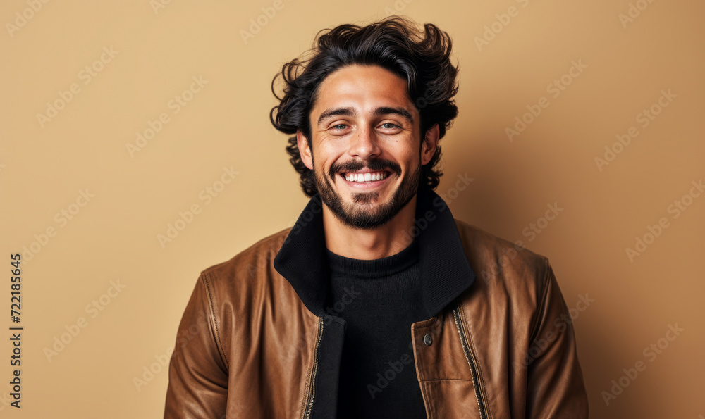 Joyful young man in his 20s with a charming smile wearing a brown leather jacket over a black sweater, studio portrait with a warm beige background Joyful young man in his 20s with a charming smile wearing a brown leather jacket over a black sweater, studio portrait with a warm beige background