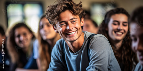 Joyful high school students engaged in a lively discussion during a class lecture, with a focus on a smiling young man listening attentively photo