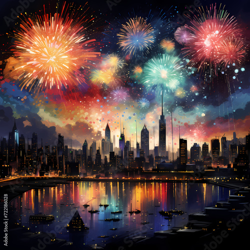 Colorful fireworks over a city skyline. -