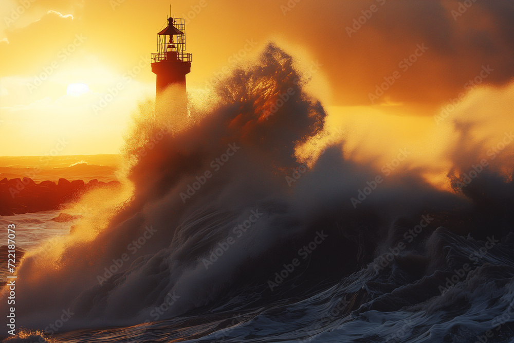 Huge waves splashing on lighthouse.