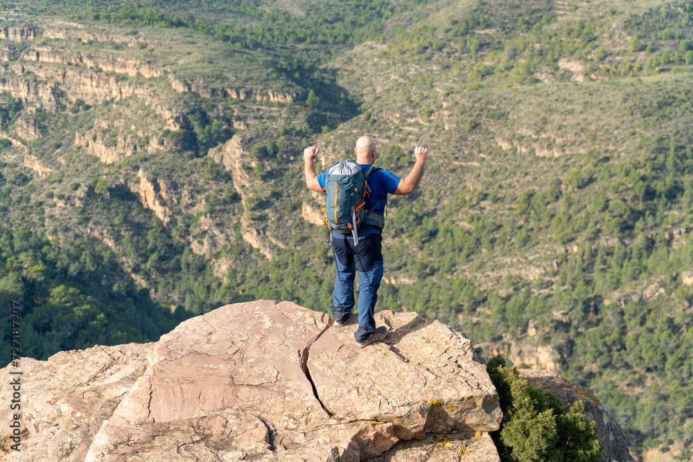 Rear view of a mountaineer hiker celebrating with his arms raised on a rock