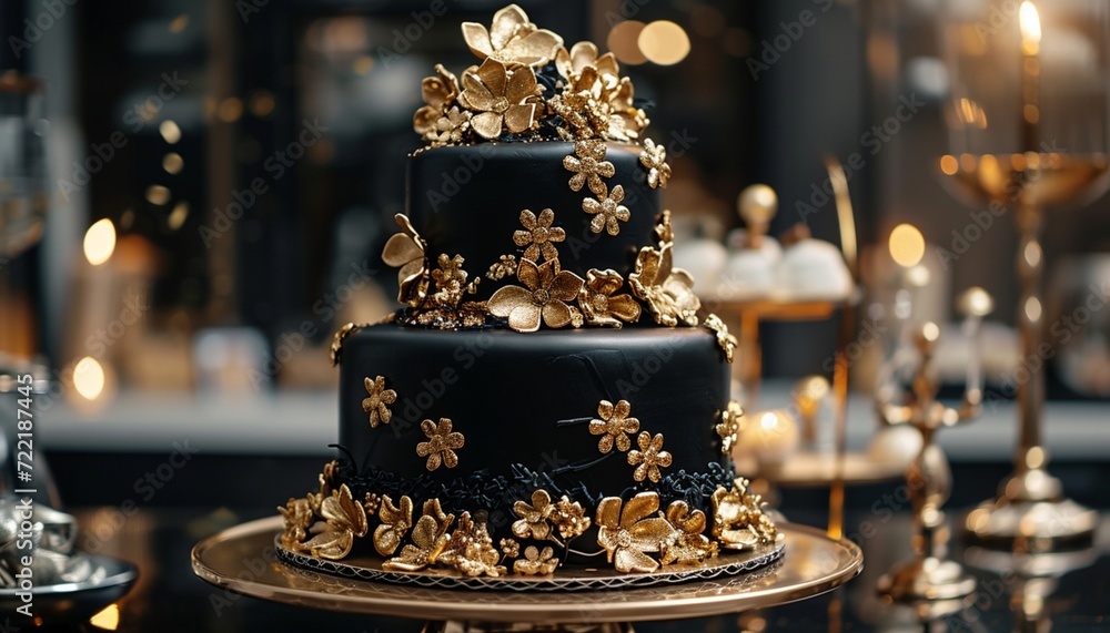 Elegant black and gold birthday cake with metallic accents, photographed in high definition, highlighting its luxurious and glamorous design with a HD camera,