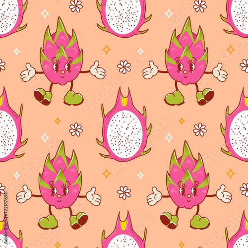 Pitahaya cute character. Dragon fruit Groovy vintage summer seamless pattern. Trendy old retro cartoon style. 1970s. Cactus. Tropical exotic fruits, leaves. Healthy food. For menu, cafe, Peach Fuzz.