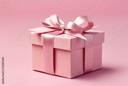 lovely pink square gift box with bow on background. Generative AI