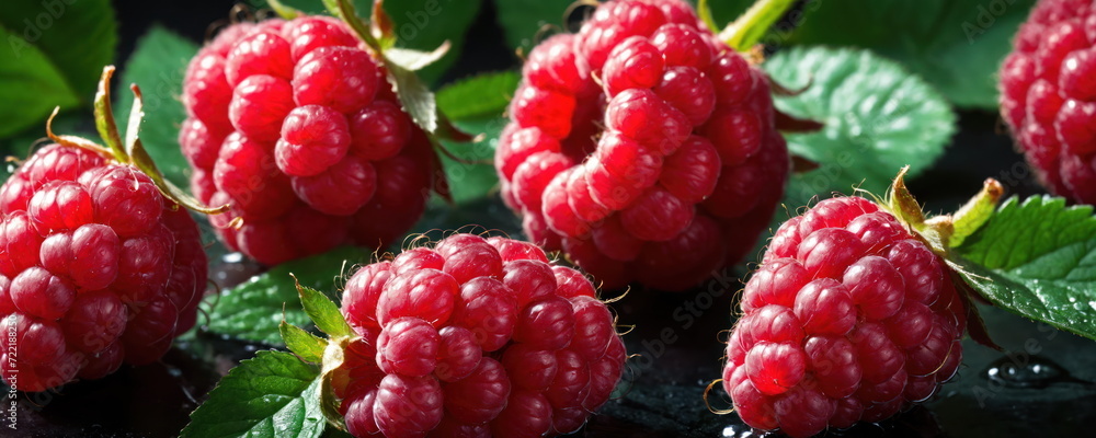 Fresh and juicy red wet raspberries with vibrant green leaves on a clean and crisp, dark background.Banner design Fresh and juicy red wet raspberries with vibrant green leaves on a clean and crisp, dark background.Banner design