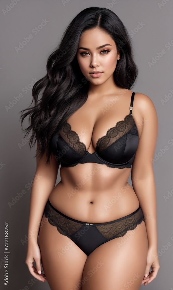 Beauty curve plus size fat woman in a black underwear lingerie on a gray background.Long dark hair.Digital creative designer Beauty curve plus size fat woman in a black underwear lingerie on a gray background.Long dark hair.Digital creative designer