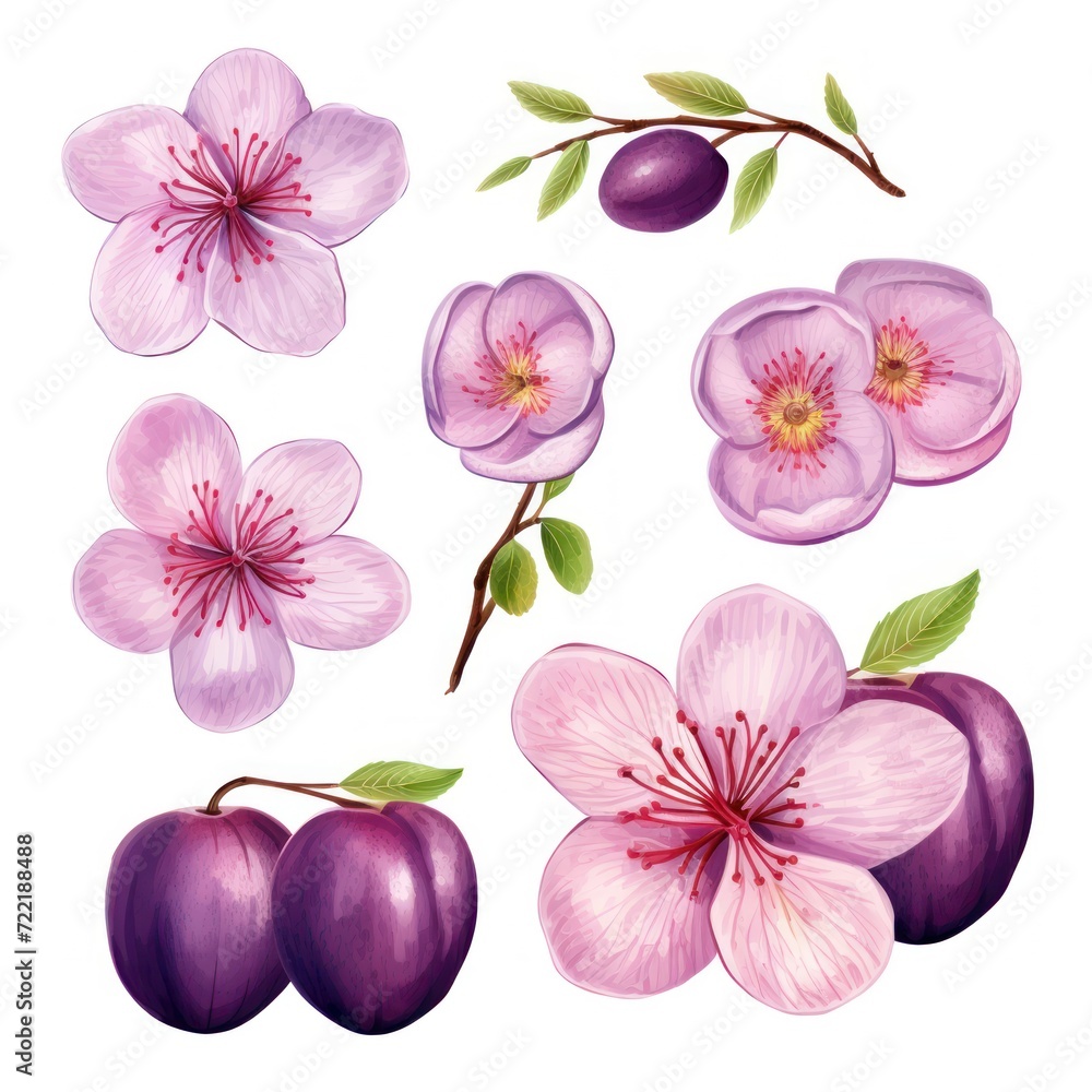 Plum several pattern flower, sketch, illust, abstract watercolor, flat design, white background