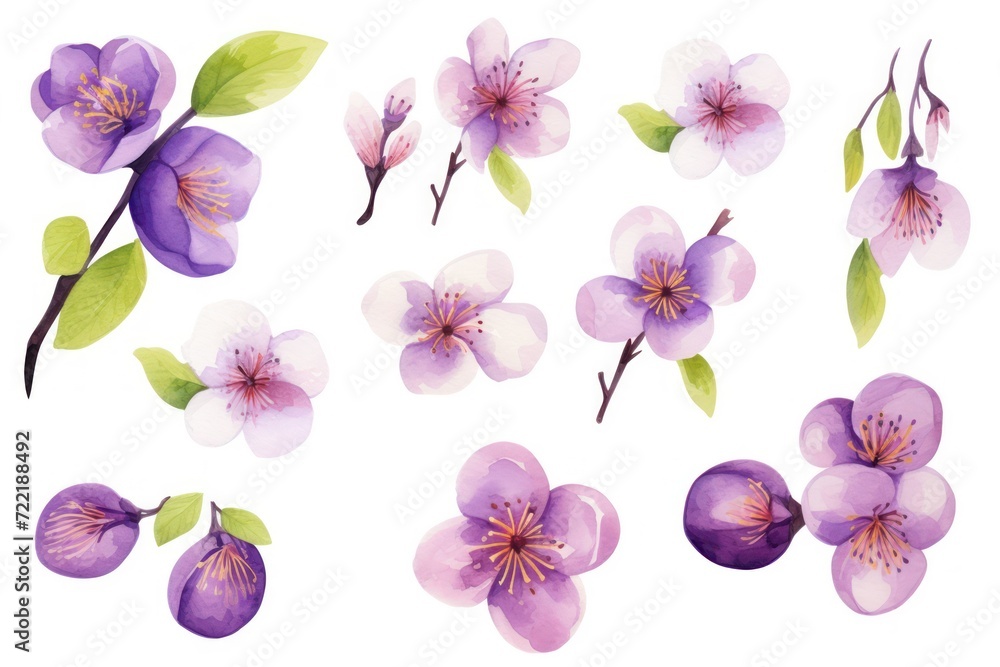 Plum several pattern flower, sketch, illust, abstract watercolor, flat design, white background