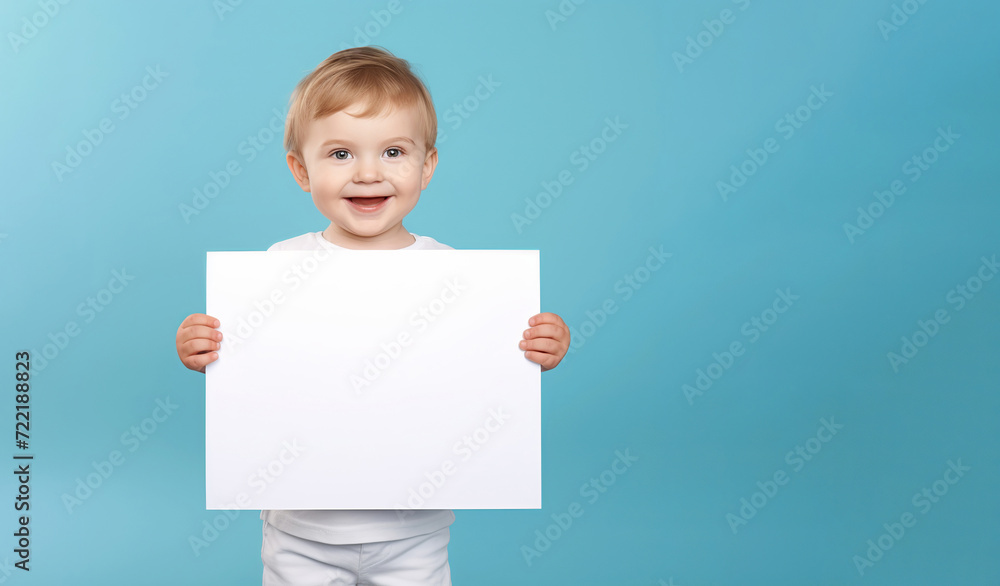 kid holding a blank placard sign poster paper in hands, empty space for editing on pastel blue background kid holding a blank placard sign poster paper in hands, empty space for editing on pastel blue background