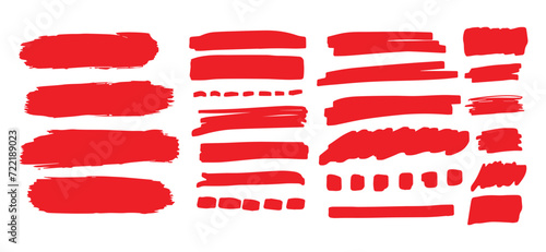Red highlighter lines set isolated on white background. Marker pen highlight underline strokes