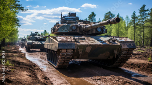  Group of main battle tanks. A convoy of military vehicles travel