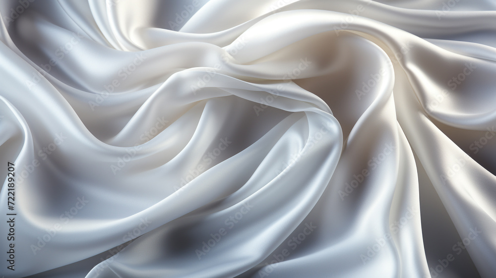 A soft, elegant white silk satin fabric flows and ripples in waves and folds. The fabric is smooth and shiny, with a subtle sheen.