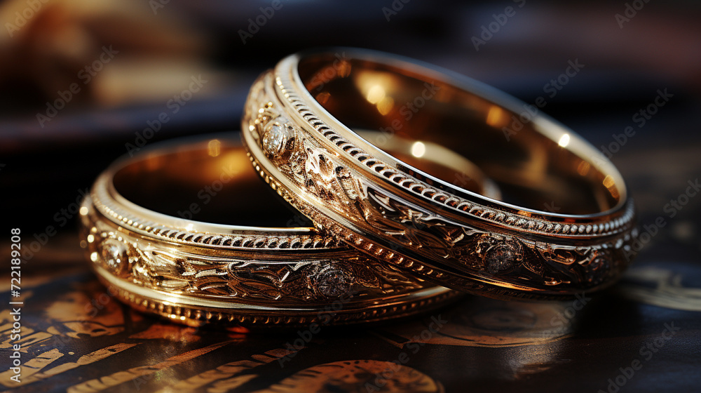 Two gold wedding rings represent love with a bokeh background creating a sense of romance Two gold wedding rings represent love with a bokeh background creating a sense of romance