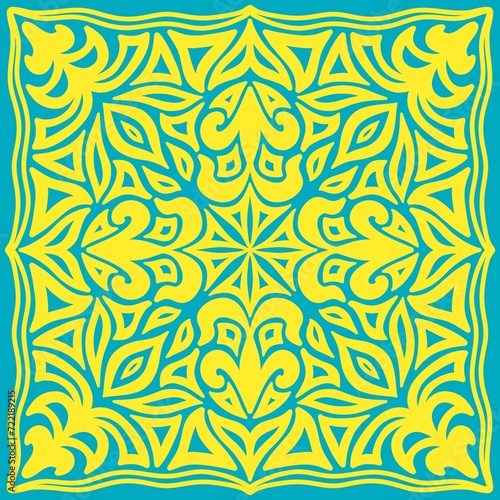 Symmetrical square pattern from ethnic Kazakh elements in turquoise and yellow national flag colors. For handkerchiefs, pillows, shopper bags, tiles, framed art, and any other Kazakhstan-related decor