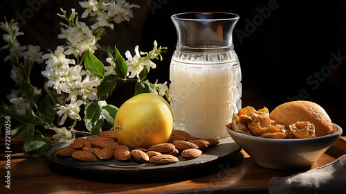 Organic almond milk in a glass bottle near a bowl with almonds on a wooden table