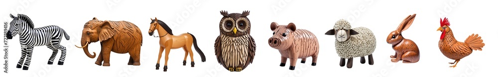 Fototapeta premium Wooden animal toys collection zebra, elephant, horse, owl, pig, sheep, rabbit, hen isolated on transparent background. Generative AI 