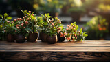 The empty wooden table top with a garden blurred background