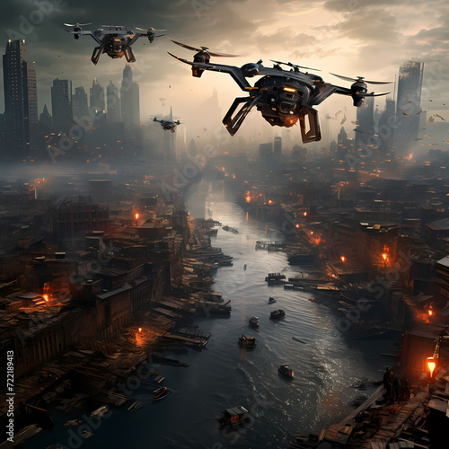 Dystopian cityscape with flying drones