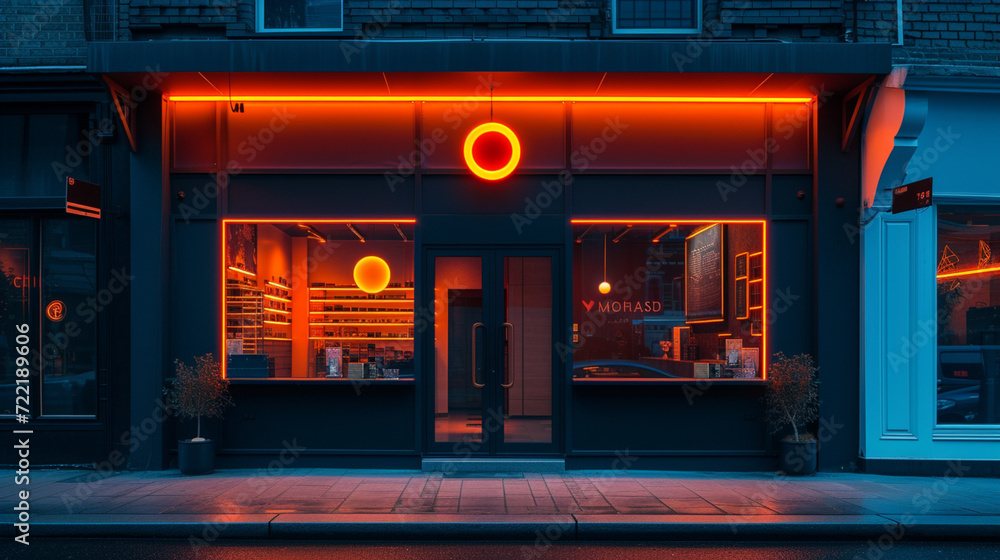 A minimalist storefront with a black facade and bold, neon signage.