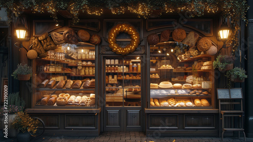 A cozy bakery with a charming storefront, adorned with freshly baked goods on display.