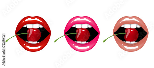 Beautiful sexy plump glossy female lips holds cherry, red, pink and beige nude colors. Set of isolated vector illustrations on transparent background