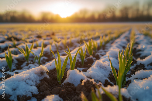 Fresh snow on new wheat in early winter.