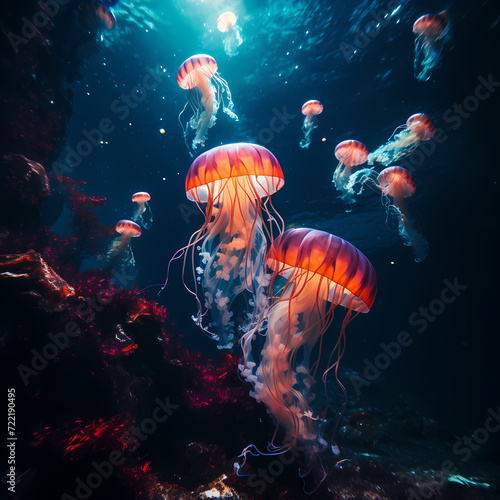 Glowing jellyfish in a dark underwater cave.