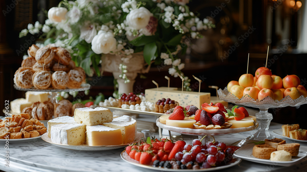 afternoon tea table setup ,food cheese plater, mixed assorted pastries and fruits ,delicious snacks and elegant display, generative ai