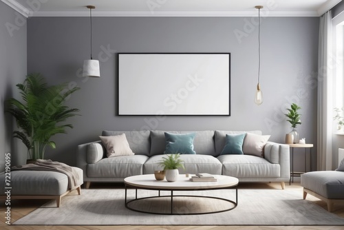 Interior design living room with grey sofa, modern home decor