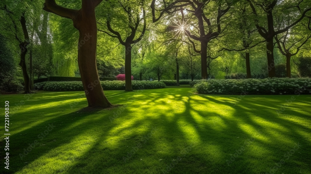Obraz premium A Green Park Bathed in Morning Sunshine. Summer Splendor in the Heart of the Forest