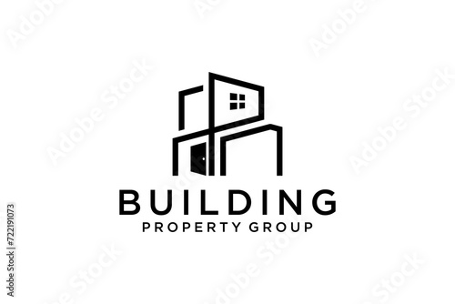 Real estate property business logo design, with a line style building icon.
