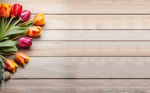 Flat lay Fresh tulips on wooden backdrop floral, generative ai