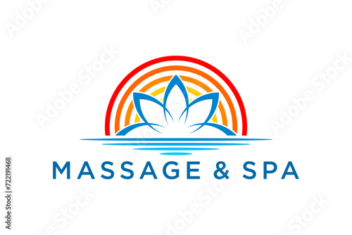Massage spa logo design lotus flower and sunset element icon symbol.