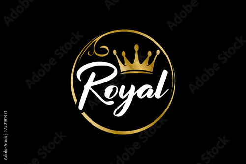 Golden royal queen crown logo rounded border shape, luxury elegant kingdom icon symbol label.