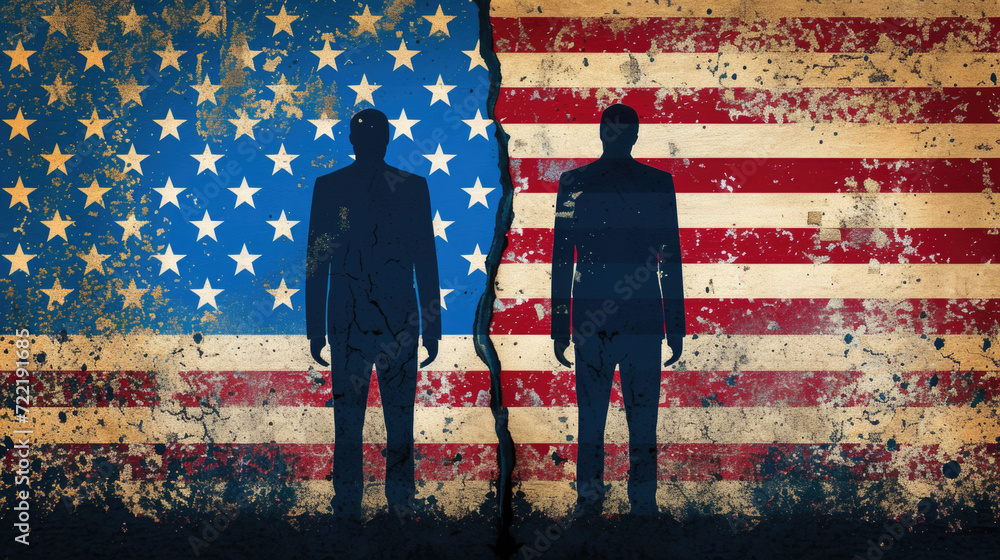Political Republican Democrat Candidates Silhouette, American Flag Division, Generative AI